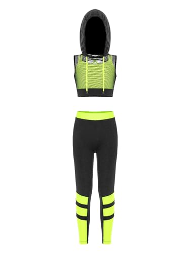 iEFiEL Kinder Trainingsanzug Mädchen Sport BH Weste + Leggings Sportlich Jogginganzug Druck Sportanzug Jumpsuit Große 98-176 Ze Fluoreszierendes Gelb 134-140 von iEFiEL