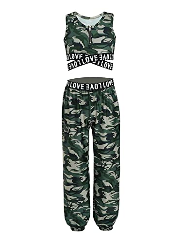 iEFiEL Kinder Trainingsanzug Mädchen Sport BH Weste + Leggings Sportlich Jogginganzug Druck Sportanzug Jumpsuit Große 98-176 Y Tarngrün 158-164/13-14 Jahre von iEFiEL