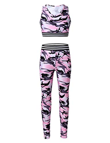 iEFiEL Kinder Trainingsanzug Mädchen Sport BH Weste + Leggings Sportlich Jogginganzug Druck Sportanzug Jumpsuit Große 98-176 Z Rosa 134-140 von iEFiEL