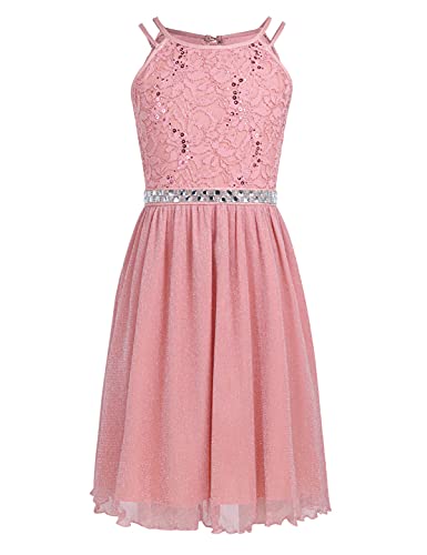 iEFiEL Festliches Kleid Mädchen Kinder Spitzen Kleid Hochzeit Prinzessin Kleider Festzug Kleid Blumenmaedchenkleid Tüll Partykleid Koralle Rosa 140 von iEFiEL