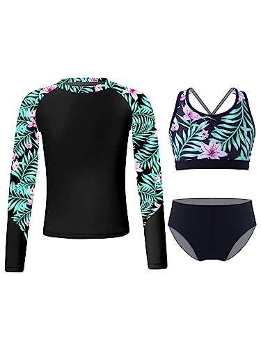 iEFiEL Mädchen Badeanzug Hawaii Blumen Drucken Kleid Badeanzug Bikini Tankini Sets Gr. 98 104 116 128 140 152 164 X Schwarz 164 von iEFiEL