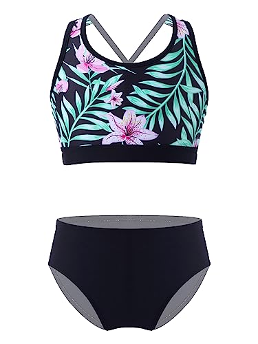 iEFiEL Mädchen Badeanzug Tankini Einhörner Bikini Set mit Tropisch Palmen Bedruckt Spaghetti-Träger Sommer Bademode für Strand Baden Kinder gr. 80-164 Xa Schwarze Lilie 146-152 von iEFiEL