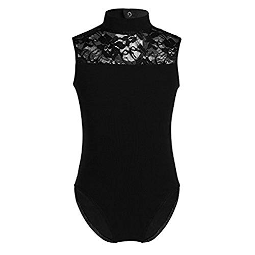 iEFiEL Mädchen Ballett Body Trikot mit Spitzen Spleiß Ballettanzug Dursichtig Rücken Tanz Leotard Einteiler Ballettkleidung 110-164 A Schwarz 122-128 von iEFiEL