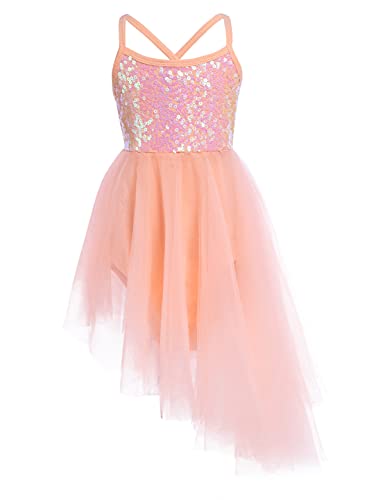 iEFiEL Mädchen Ballettkleid Kinder Glitzer Ballett Trikot Ballettanzug mit Röckchen Tüll Pailletten Kleid Trägerkleid Turnanzug Orange 152-164 von iEFiEL