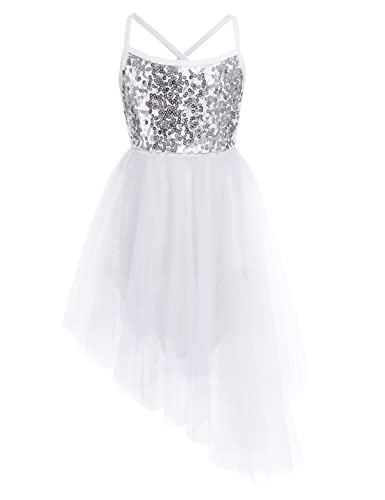 iEFiEL Mädchen Ballettkleid Kinder Glitzer Ballett Trikot Ballettanzug mit Röckchen Tüll Pailletten Kleid Trägerkleid Turnanzug Elfenbein 122-128 von iEFiEL