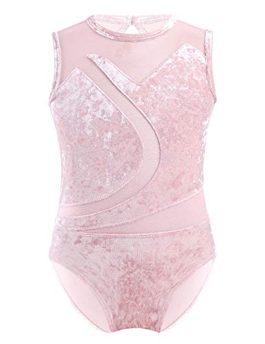 iEFiEL Mädchen Ballettkleidung Ärmellos Samt Body Mesh Ballettanzug Ballett Trikot Ballettoutfits Turnbody Kinder Gymnastikanzug Leotards gr. 104-152 Altrosa 104 von iEFiEL