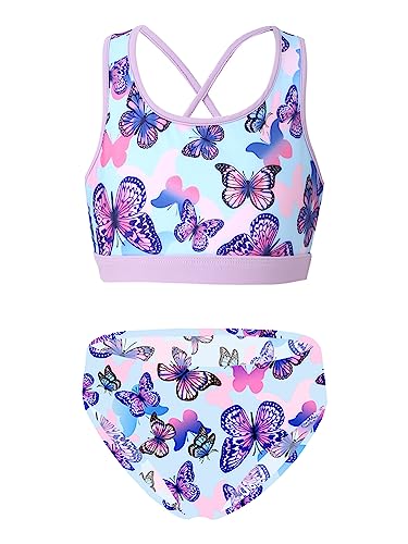 iEFiEL Mädchen Bikini Badebekleidungsset Neckholder Bustier mit Brief Blumen gedruckt Badeanzug Badekleid für Kinder gr. 98-176 Za Schmetterling 146-152 von iEFiEL