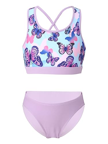 iEFiEL Mädchen Bikini Badebekleidungsset Neckholder Bustier mit Brief Blumen gedruckt Badeanzug Badekleid für Kinder gr. 98-176 Za Violett 146-152 von iEFiEL