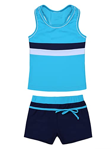 iEFiEL Mädchen Bikini Bademode 2-teilig Sport Set UV-Schutz Badeset Badeanzug Sfreifen Badeshirt und Badeshorts Gr. 116-164 Blau 110-116 von iEFiEL