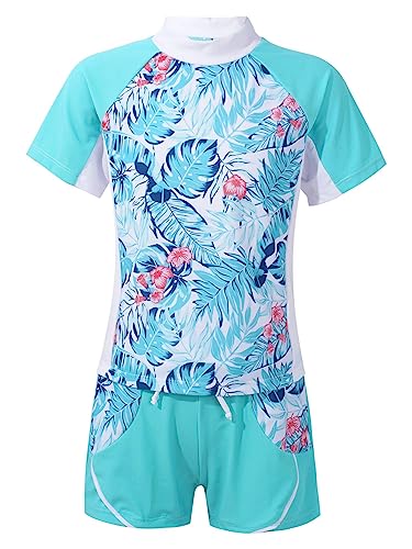 iEFiEL Mädchen Bikini Bademode 2-teilig Sport Set UV-Schutz Badeset Badeanzug Sfreifen Badeshirt und Badeshorts Gr. 116-164 Y Blumen Blau 146-152 von iEFiEL