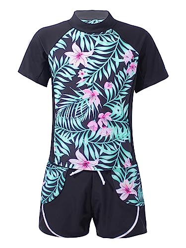 iEFiEL Mädchen Bikini Bademode 2-teilig Sport Set UV-Schutz Badeset Badeanzug Sfreifen Badeshirt und Badeshorts Gr. 116-164 Y Lilie Rosa 158-164 von iEFiEL