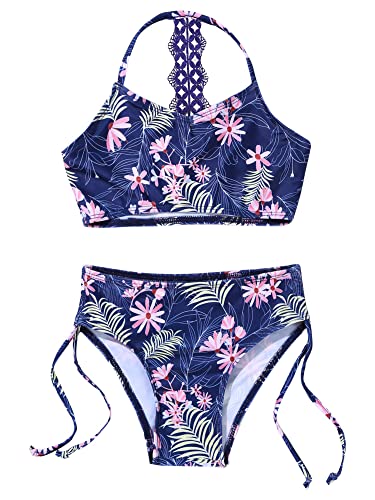 iEFiEL Mädchen Bikini Set Badebekleidung Farbverlauf Bustier mit Brief Verstellbare Badeanzug Regenbogen Badekleid für Kinder gr. 104 116 128 140 152 164 176 Marineblau Blumen 128 von iEFiEL