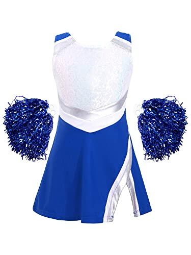 iEFiEL Mädchen Cheer Leader Tanzkostüm Set mit Pompoms Ärmellose Tanzkleid Cheerleading Outfit Tanzanzug Glitzer Bühnenkostüm A Royal Blau 146-152 von iEFiEL