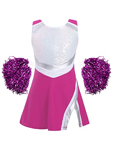 iEFiEL Mädchen Cheer Leader Tanzkostüm Set mit Pompoms Ärmellose Tanzkleid Cheerleading Outfit Tanzanzug Glitzer Bühnenkostüm Rose 158-164 von iEFiEL