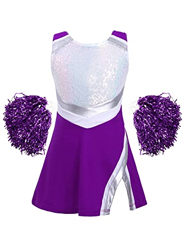 iEFiEL Mädchen Cheer Leader Tanzkostüm Set mit Pompoms Ärmellose Tanzkleid Cheerleading Outfit Tanzanzug Glitzer Bühnenkostüm Violett 122-128 von iEFiEL