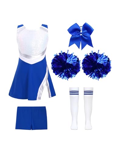 iEFiEL Mädchen Cheer Leader Tanzkostüm Set mit Pompoms Ärmellose Tanzkleid Cheerleading Outfit Tanzanzug Glitzer Bühnenkostüm X Königsblau 146-152 von iEFiEL