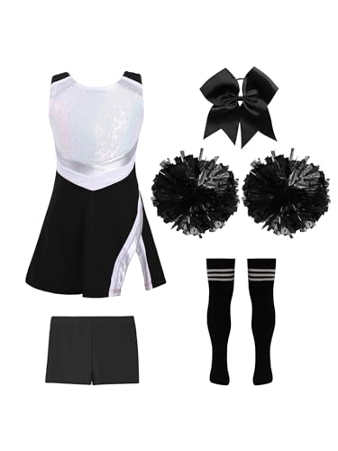 iEFiEL 5tlg. Mädchen Cheer Leader Kostüm Glitzer Minikleid mit Shorts Pompoms Schleife Socken Kinder Cheerleading Uniform Sets für Karneval Fasching Halloween Schwarz + Weiß 158-164 von iEFiEL