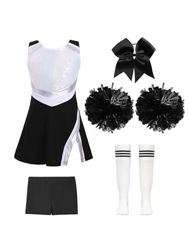 iEFiEL 5tlg. Mädchen Cheer Leader Kostüm Glitzer Minikleid mit Shorts Pompoms Schleife Socken Kinder Cheerleading Uniform Sets für Karneval Fasching Halloween Weiß + Schwarz 146-152 von iEFiEL