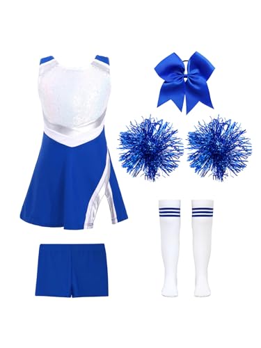 iEFiEL Mädchen Cheer Leader Tanzkostüm Set mit Pompoms Ärmellose Tanzkleid Cheerleading Outfit Tanzanzug Glitzer Bühnenkostüm Xa Königsblau 134-140 von iEFiEL