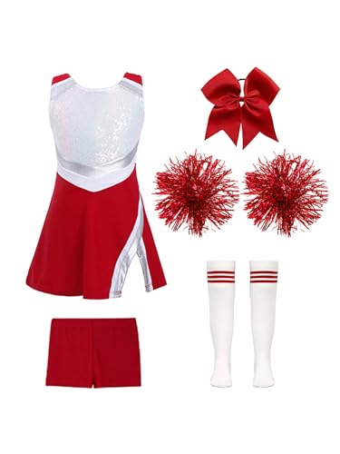 iEFiEL Mädchen Cheer Leader Tanzkostüm Set mit Pompoms Ärmellose Tanzkleid Cheerleading Outfit Tanzanzug Glitzer Bühnenkostüm Xa Rot 134-140 von iEFiEL