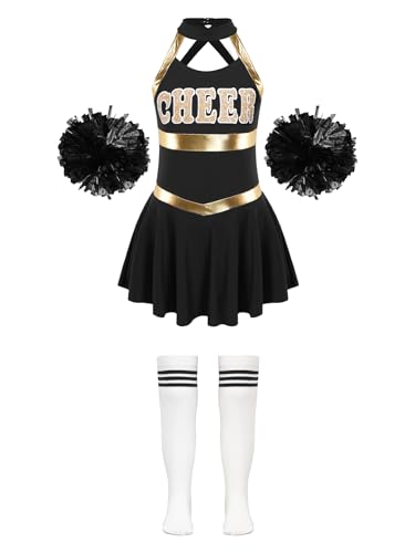 iEFiEL Mädchen Cheer Leader Tanzkostüm Set mit Pompoms Ärmellose Tanzkleid Cheerleading Outfit Tanzanzug Glitzer Bühnenkostüm Yb Schwarz + Weiß A 134-140 von iEFiEL