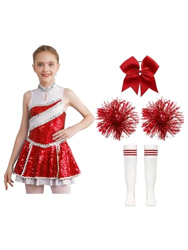 iEFiEL Mädchen Cheer Leader Tanzkostüm Set mit Pompoms Ärmellose Tanzkleid Cheerleading Outfit Tanzanzug Glitzer Bühnenkostüm Yc Rot A 134-140 von iEFiEL