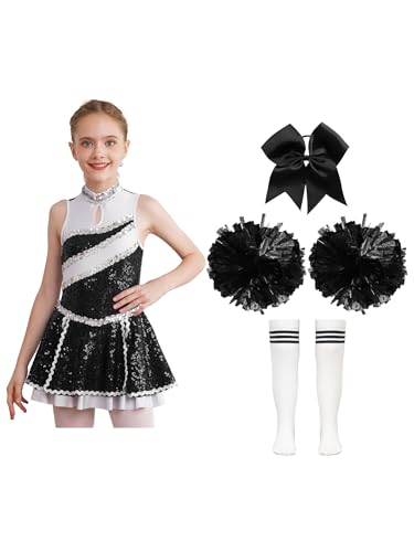 iEFiEL Mädchen Cheer Leader Tanzkostüm Set mit Pompoms Ärmellose Tanzkleid Cheerleading Outfit Tanzanzug Glitzer Bühnenkostüm Yc Weiß Schwarz 134-140 von iEFiEL