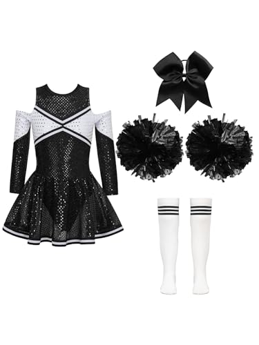 iEFiEL Mädchen Cheer Leader Tanzkostüm Set mit Pompoms Ärmellose Tanzkleid Cheerleading Outfit Tanzanzug Glitzer Bühnenkostüm Yd Weiß Schwarz 158-164 von iEFiEL