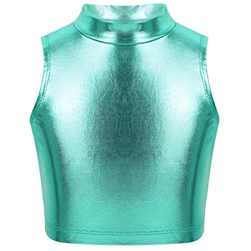 iEFiEL Mädchen Crop Top Metallic Shirt Weste Rollkragen Jazz Oberteile Wetlook BH Kurzarm T-Shirt Tanktop Glänzend Tanz Kostüm gr. 122-164 Blauer See 110-116 von iEFiEL