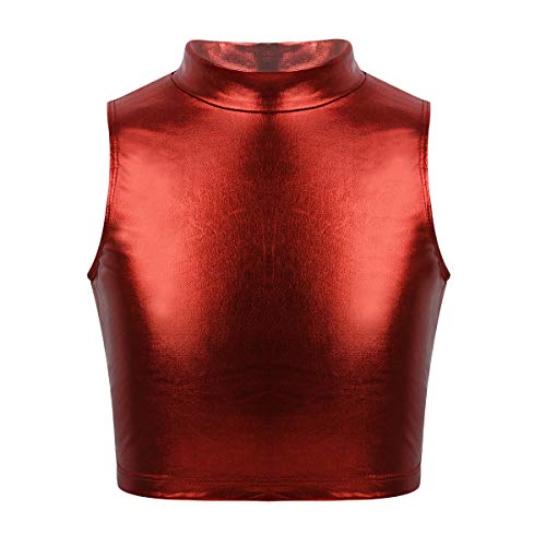 iEFiEL Mädchen Crop Top Metallic Shirt Weste Rollkragen Jazz Oberteile Wetlook BH Kurzarm T-Shirt Tanktop Glänzend Tanz Kostüm gr. 122-164 Rot 146-152 von iEFiEL