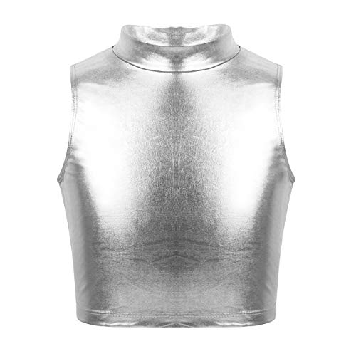 iEFiEL Mädchen Crop Top Metallic Shirt Weste Rollkragen Jazz Oberteile Wetlook BH Kurzarm T-Shirt Tanktop Glänzend Tanz Kostüm gr. 122-164 Silber 122-128 von iEFiEL