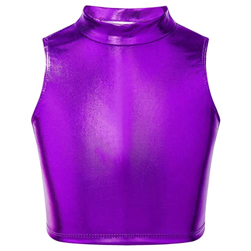 iEFiEL Mädchen Crop Top Metallic Shirt Weste Rollkragen Jazz Oberteile Wetlook BH Kurzarm T-Shirt Tanktop Glänzend Tanz Kostüm gr. 122-164 Violett 110-116 von iEFiEL