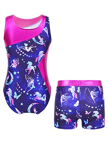 iEFiEL Mädchen Einhörner Turnanzug Glänzend Gymnastik Leotard Kinder Kleidung Set Ballett Trikot Tanz Kostüme mit Überkreuzte Träger T Marineblau Einhörner 110-116 von iEFiEL