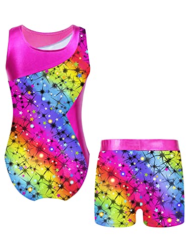 iEFiEL Mädchen Einhörner Turnanzug Glänzend Gymnastik Leotard Kinder Kleidung Set Ballett Trikot Tanz Kostüme mit Überkreuzte Träger T Rosa Stern 122-128 von iEFiEL