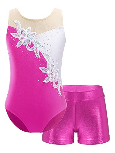 iEFiEL Mädchen Einhörner Turnanzug Glänzend Gymnastik Leotard Kinder Kleidung Set Ballett Trikot Tanz Kostüme mit Überkreuzte Träger W Rose 110-116 von iEFiEL