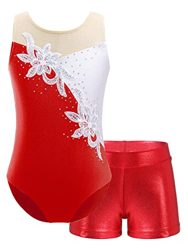 iEFiEL Mädchen Einhörner Turnanzug Glänzend Gymnastik Leotard Kinder Kleidung Set Ballett Trikot Tanz Kostüme mit Überkreuzte Träger W Rot 122-128 von iEFiEL