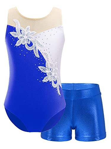 iEFiEL Mädchen Einhörner Turnanzug Glänzend Gymnastik Leotard Kinder Kleidung Set Ballett Trikot Tanz Kostüme mit Überkreuzte Träger W Royal Blau 122-128 von iEFiEL