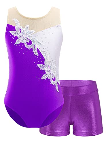 iEFiEL Mädchen Einhörner Turnanzug Glänzend Gymnastik Leotard Kinder Kleidung Set Ballett Trikot Tanz Kostüme mit Überkreuzte Träger W Violett 158-164 von iEFiEL