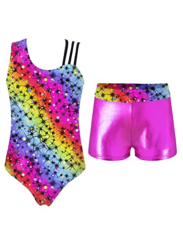 iEFiEL Mädchen Einhörner Turnanzug Glänzend Gymnastik Leotard Kinder Kleidung Set Ballett Trikot Tanz Kostüme mit Überkreuzte Träger Rosa Stern 134-140 von iEFiEL