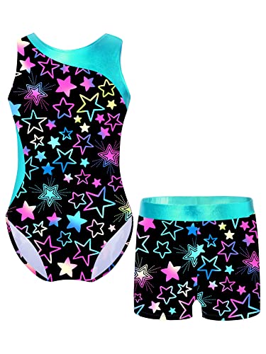 iEFiEL Mädchen Einhörner Turnanzug Glänzend Gymnastik Leotard Kinder Kleidung Set Ballett Trikot Tanz Kostüme mit Überkreuzte Träger T Schwarz Stern 134-140 von iEFiEL