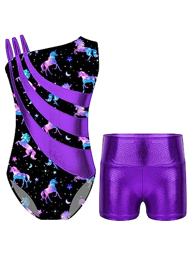 iEFiEL Mädchen Einhörner Turnanzug Glänzend Gymnastik Leotard Kinder Kleidung Set Ballett Trikot Tanz Kostüme mit Überkreuzte Träger Xb Violett 134-140 von iEFiEL