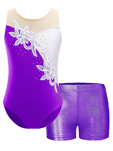 iEFiEL Mädchen Einhörner Turnanzug Glänzend Gymnastik Leotard Kinder Kleidung Set Ballett Trikot Tanz Kostüme mit Überkreuzte Träger Wa Violett 122-128 von iEFiEL