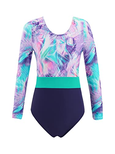 iEFiEL Mädchen Turnanzug Langarm Leotard Gymnastik Trikot Einhörner Muster Klassisch Gymnastikanzug für Kinder mit Kreuzen Rückchen Lila + Grün 122-128 von iEFiEL