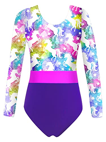 iEFiEL Mädchen Turnanzug Langarm Leotard Gymnastik Trikot Einhörner Muster Klassisch Gymnastikanzug für Kinder mit Kreuzen Rückchen Rosa Floral 110-116 von iEFiEL