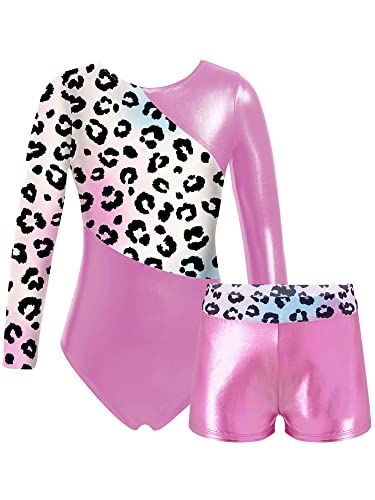 iEFiEL Mädchen Einhörner Turnanzug Langarm Glänzend Gymnastik Kleidung Set Muster Ballett Trikot Tanzkostüme Langarmbody mit Shorts Rosa Leopard 146-152 von iEFiEL