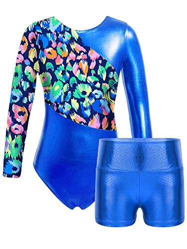 iEFiEL Mädchen Einhörner Turnanzug Langarm Glänzend Gymnastik Kleidung Set Muster Ballett Trikotanzug Tanzkostüme Langarmbody mit Shorts Royal Blau 134-140 von iEFiEL