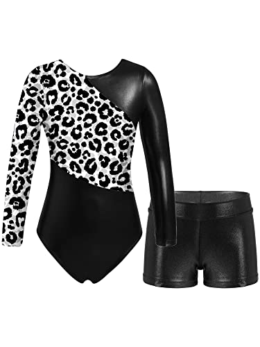 iEFiEL Mädchen Einhörner Turnanzug Langarm Glänzend Gymnastik Kleidung Set Muster Ballett Trikot Tanzkostüme Langarmbody mit Shorts Schwarz Leopard 122-128 von iEFiEL