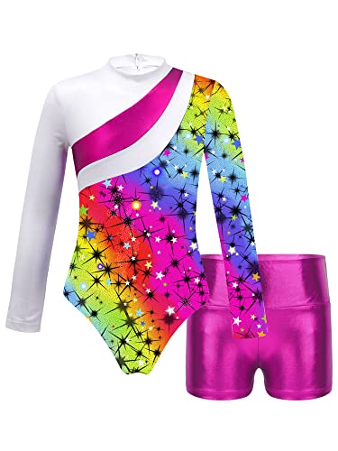 iEFiEL Mädchen Einhörner Turnanzug Langarm Glänzend Gymnastik Kleidung Set Muster Ballett Trikotanzug Tanzkostüme Langarmbody mit Shorts Tc Rosa Sterne 134-140 von iEFiEL