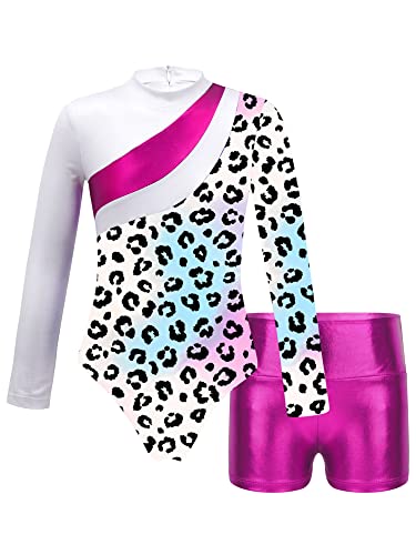 iEFiEL Mädchen Einhörner Turnanzug Langarm Glänzend Gymnastik Kleidung Set Muster Ballett Trikot Tanzkostüme Langarmbody mit Shorts Tc Rose Leopard 146-152 von iEFiEL