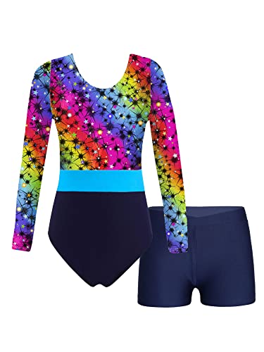 iEFiEL Mädchen Einhörner Turnanzug Langarm Glänzend Gymnastik Kleidung Set Muster Ballett Trikotanzug Tanzkostüme Langarmbody mit Shorts Xb Blau 122-128 von iEFiEL